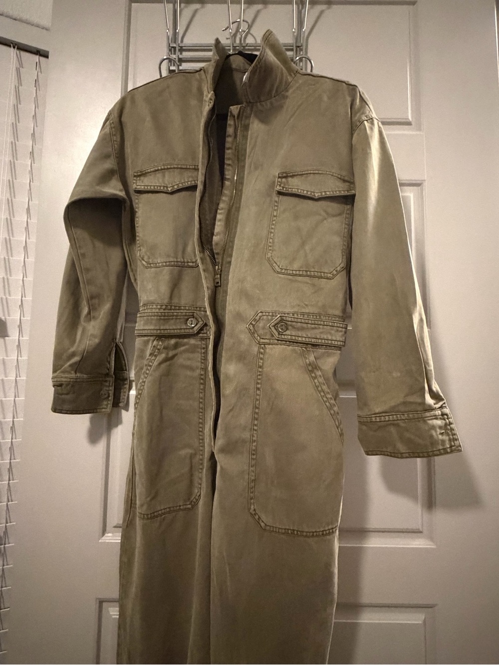 Utility Cotton Blend Jumpsuit in Olive Green, Denim like material.